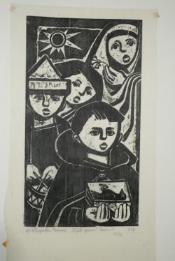 Hiszpanska-Neumann, Maria (1917-1980) "Pogrzeb Gawrona", 1957, Holzschnitt auf Seidenpapier. Exempl
