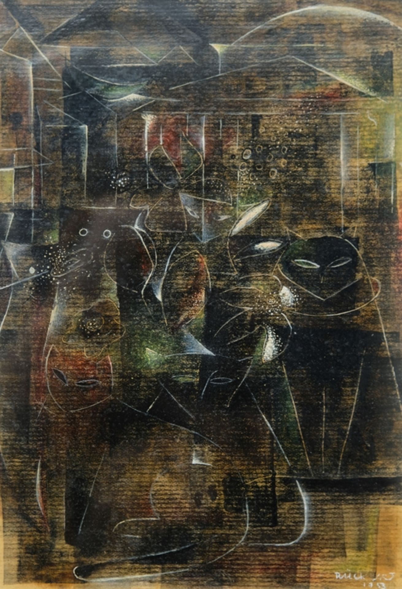 Rückert, Erich-Andreas (1920-2016) "Katzen vor Pantheon", 1953, Mischtechnik auf Papier.