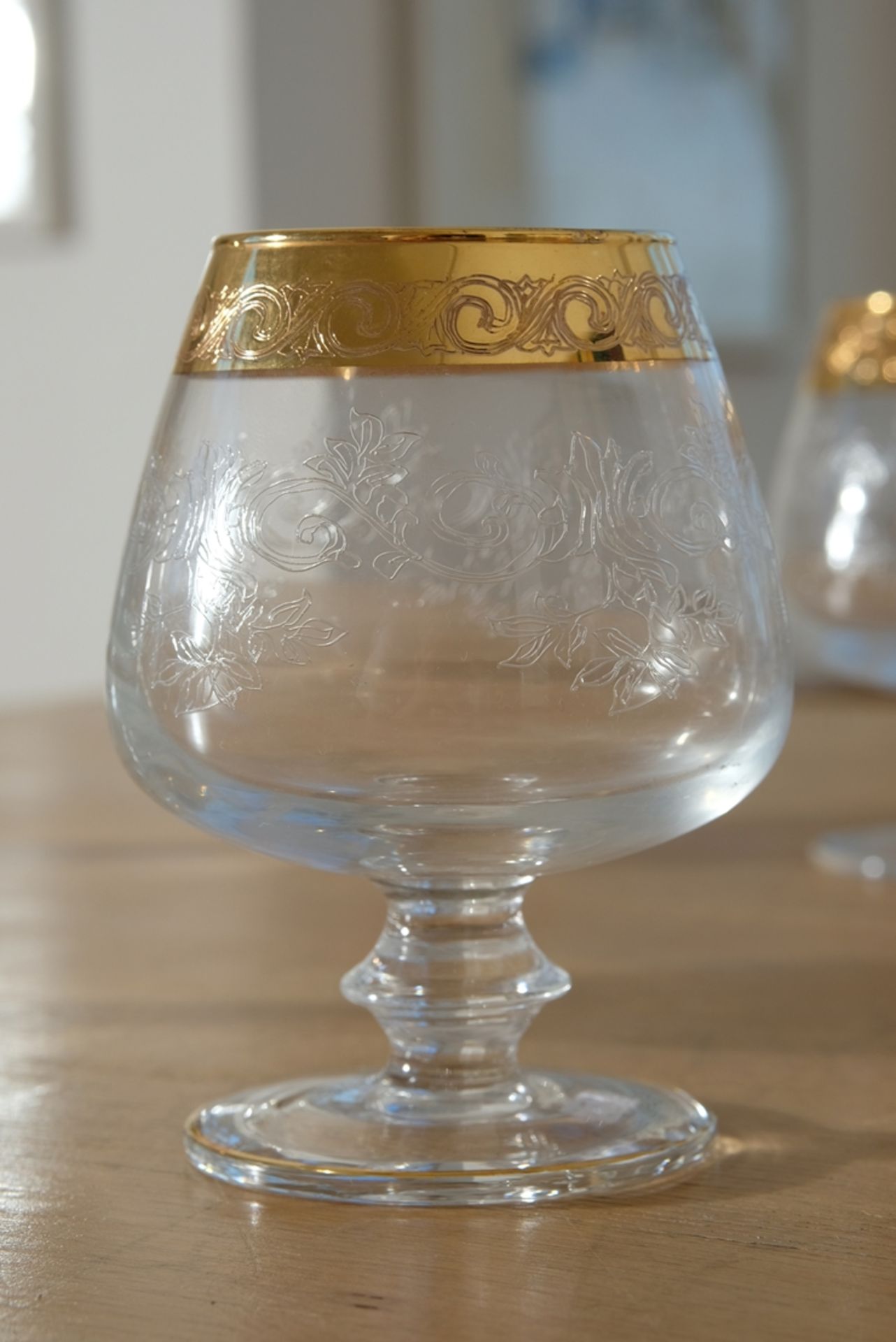 Murano Medici gold rim, six cognac glasses, crystal glass engraved with plant motifs. - Image 2 of 3