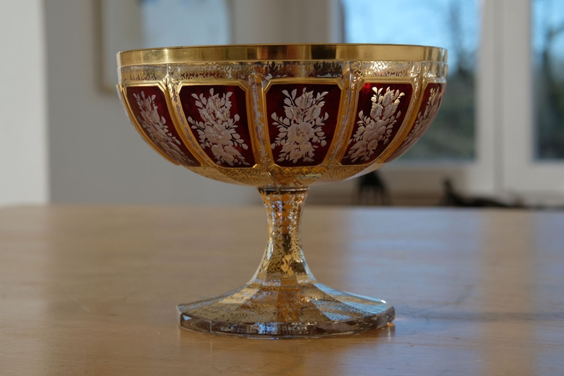Foot bowl, probably Josephinenhütte, matt cut decoration, floral decoration, set in red and gold. T
