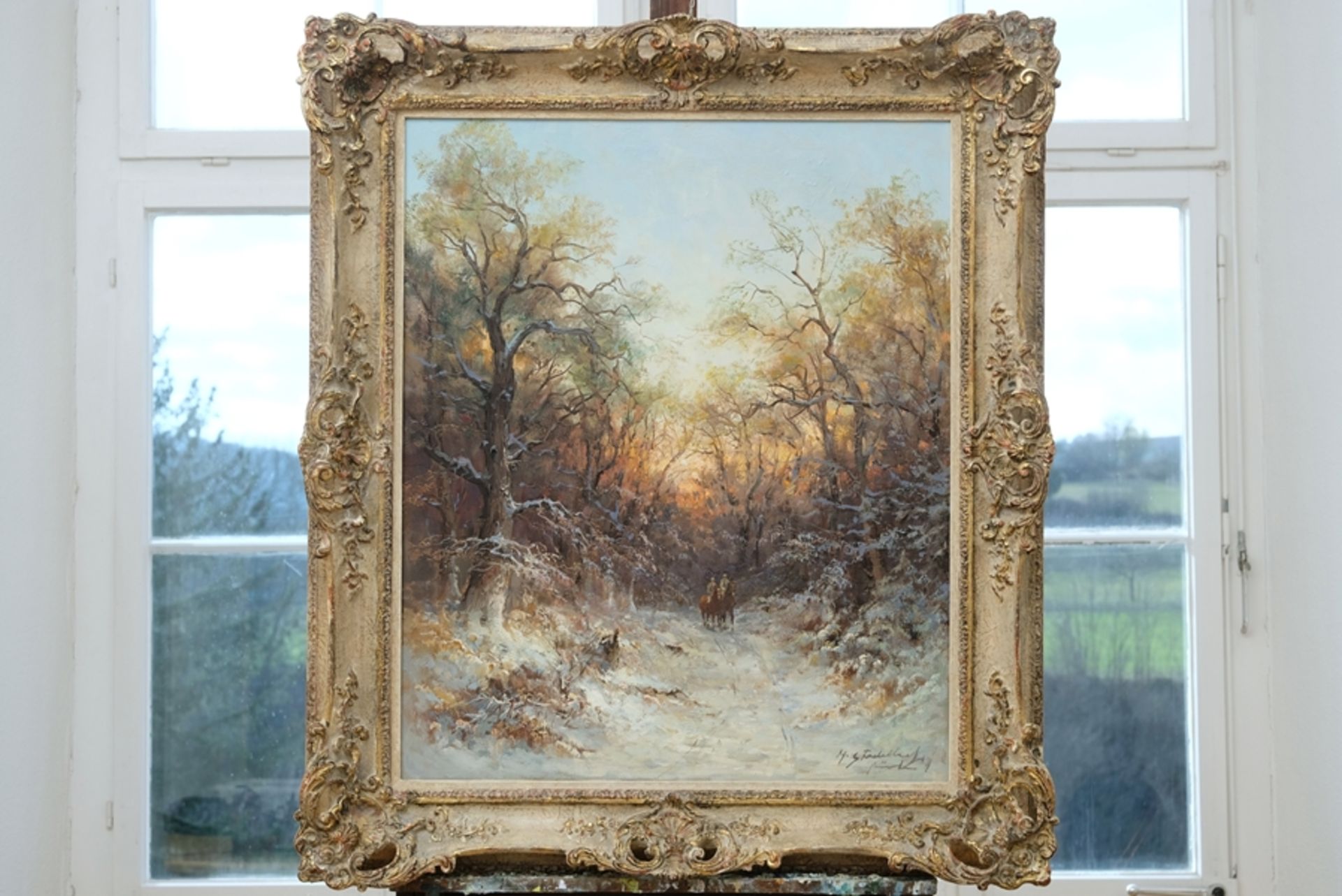 Stadelhofer, Helmut (1914-1979) Winter Ride through the Forest, oil on canvas. Sunrise or sunset.  - Image 2 of 5