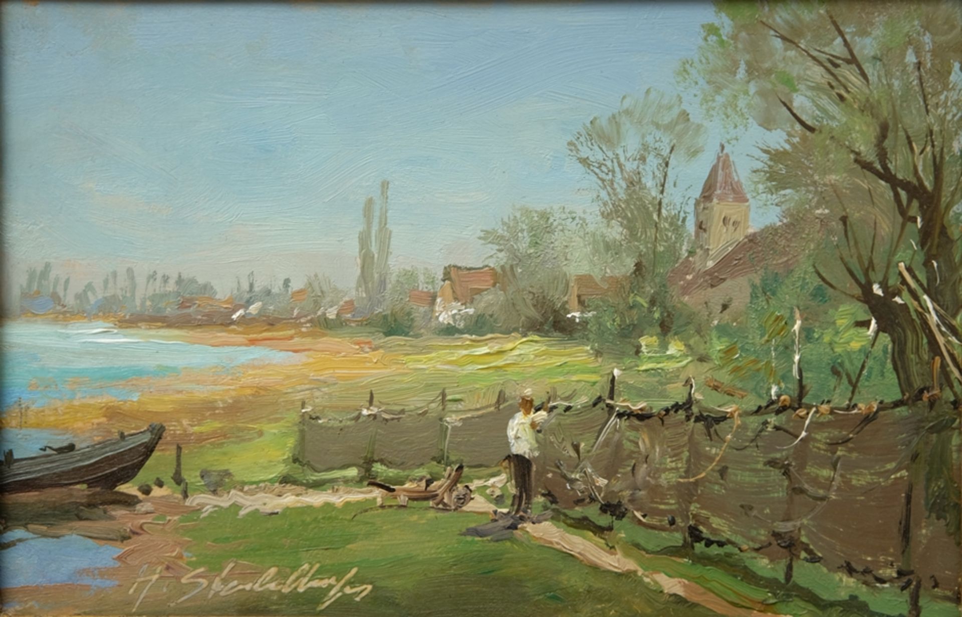 Stadelhofer, Helmut (1914-1979) Fischer auf der Insel Reichenau, oil on panel.