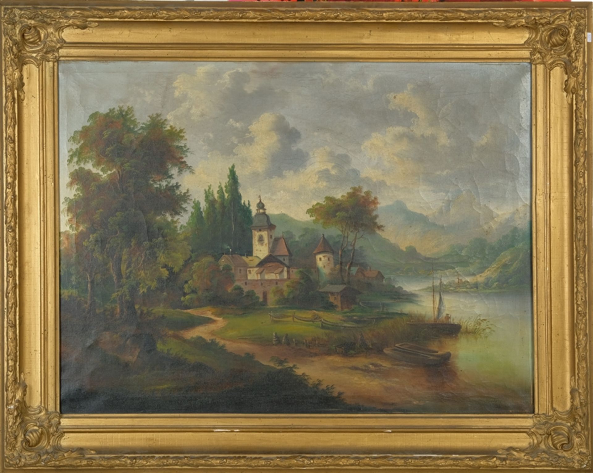 UNKNOWN "Church by the river", oil painting on canvas.  - Image 2 of 4