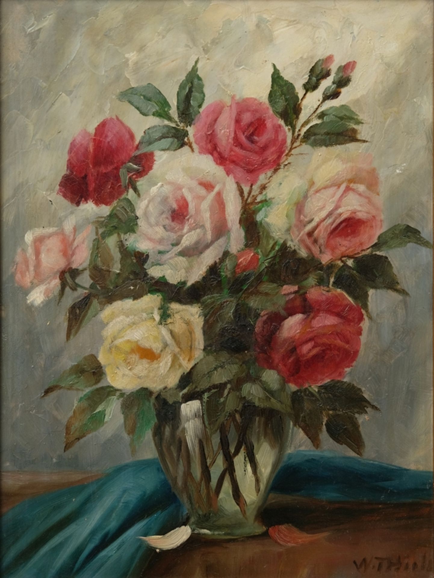 Thiele, Wilhelm (1872-1939) Rosenstrauß in Vase, Ölgemälde auf Platte.