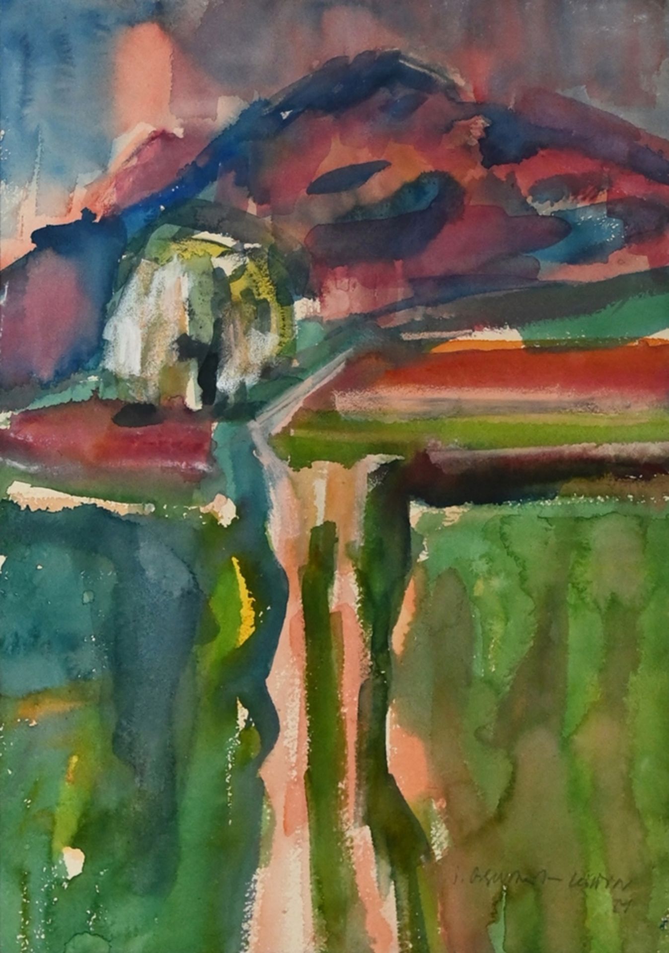 Osswald-Lüttin, Ingeborg (1921-2013) Hegauberg with sunset, 1984, watercolour.