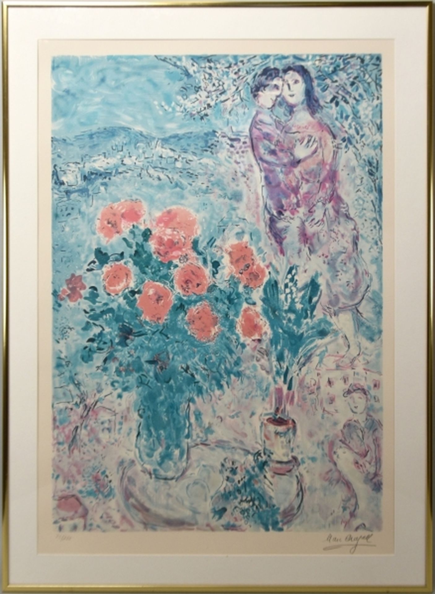 Chagall, Marc (1887-1985) Blumenstillleben mit Liebespaar, ohne Jahr, Lithographie. - Bild 2 aus 4