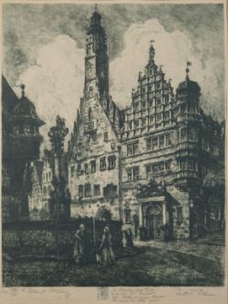 Probst, Otto Ferdinand (1863-1923) „Am Rathaus zu Rothenburg ob der Tauber“, Radierung. 