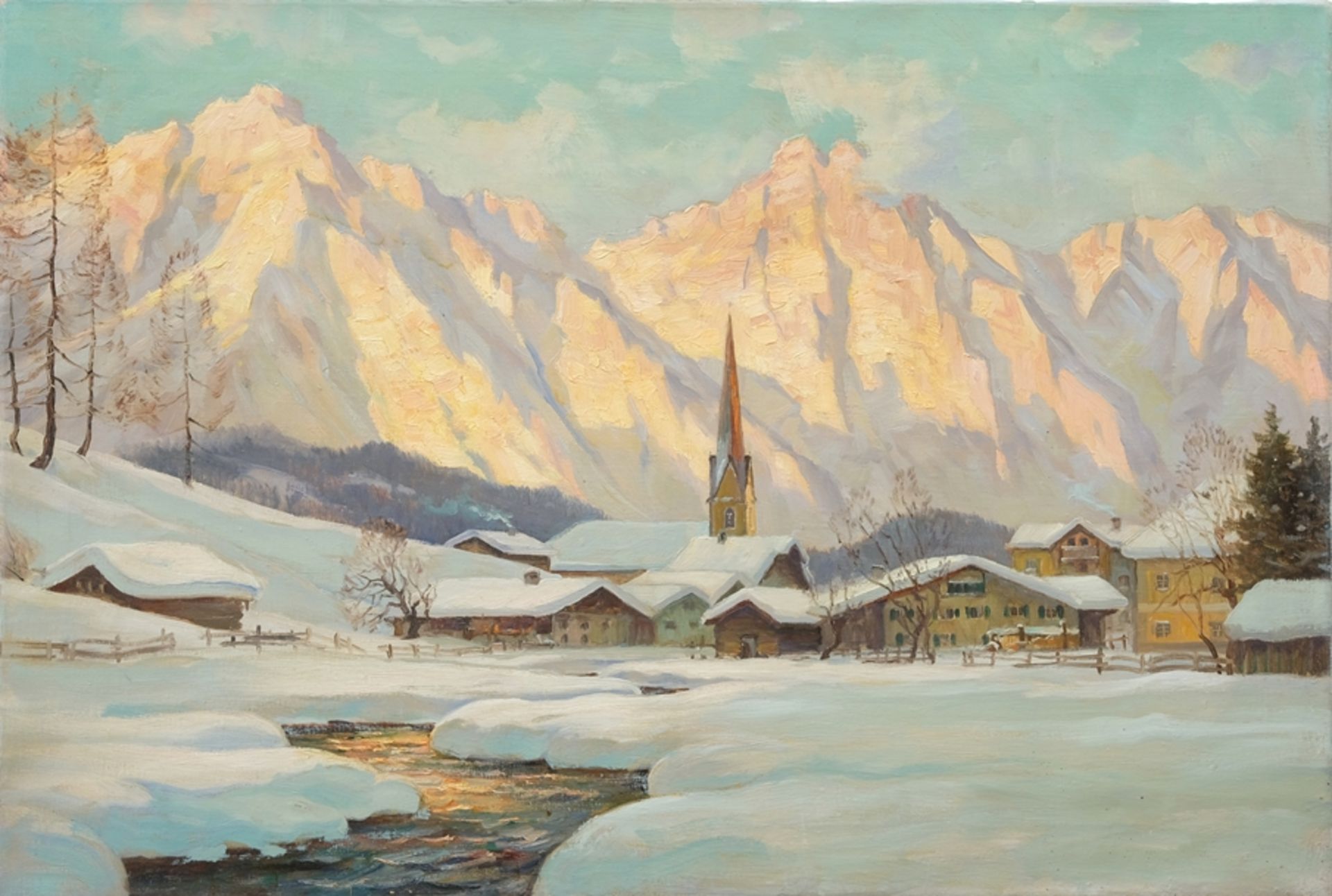 Unknown Winter landscape, oil on canvas. , oil on canvas. Evening scene of Reith near Kitzbühel, Ty