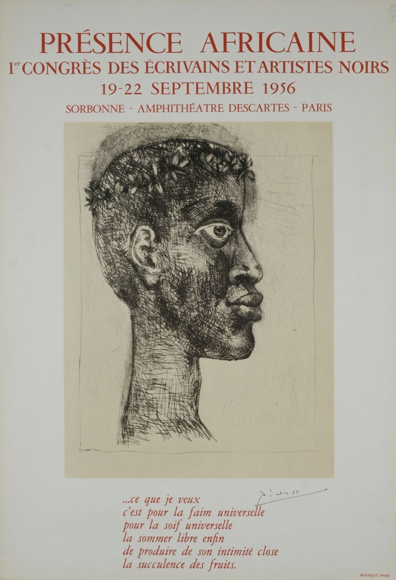 Picasso, Pablo (1881-1973) Exhibition poster "Présence africaine l'congrès des écrivains et artiste