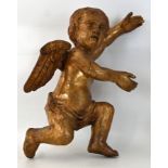 Unknown (18th century) Baroque angel in a moving pose, wood painted in gold, arms restored.