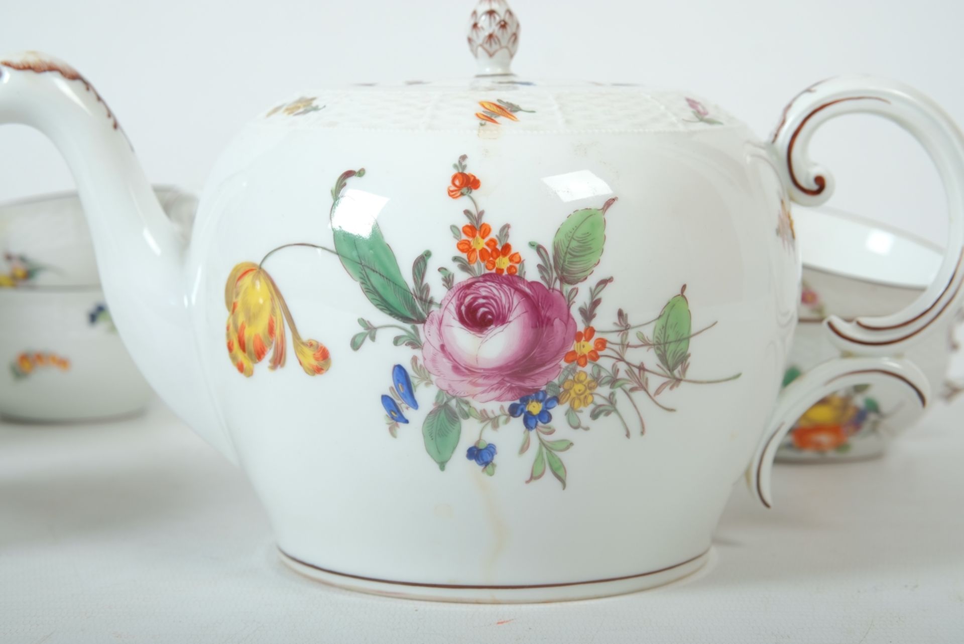 Nymphenburg Tea Service I "Rose Bouquet - brown rim", hand-painted, for 6 persons, ozier relief, 6  - Image 5 of 5