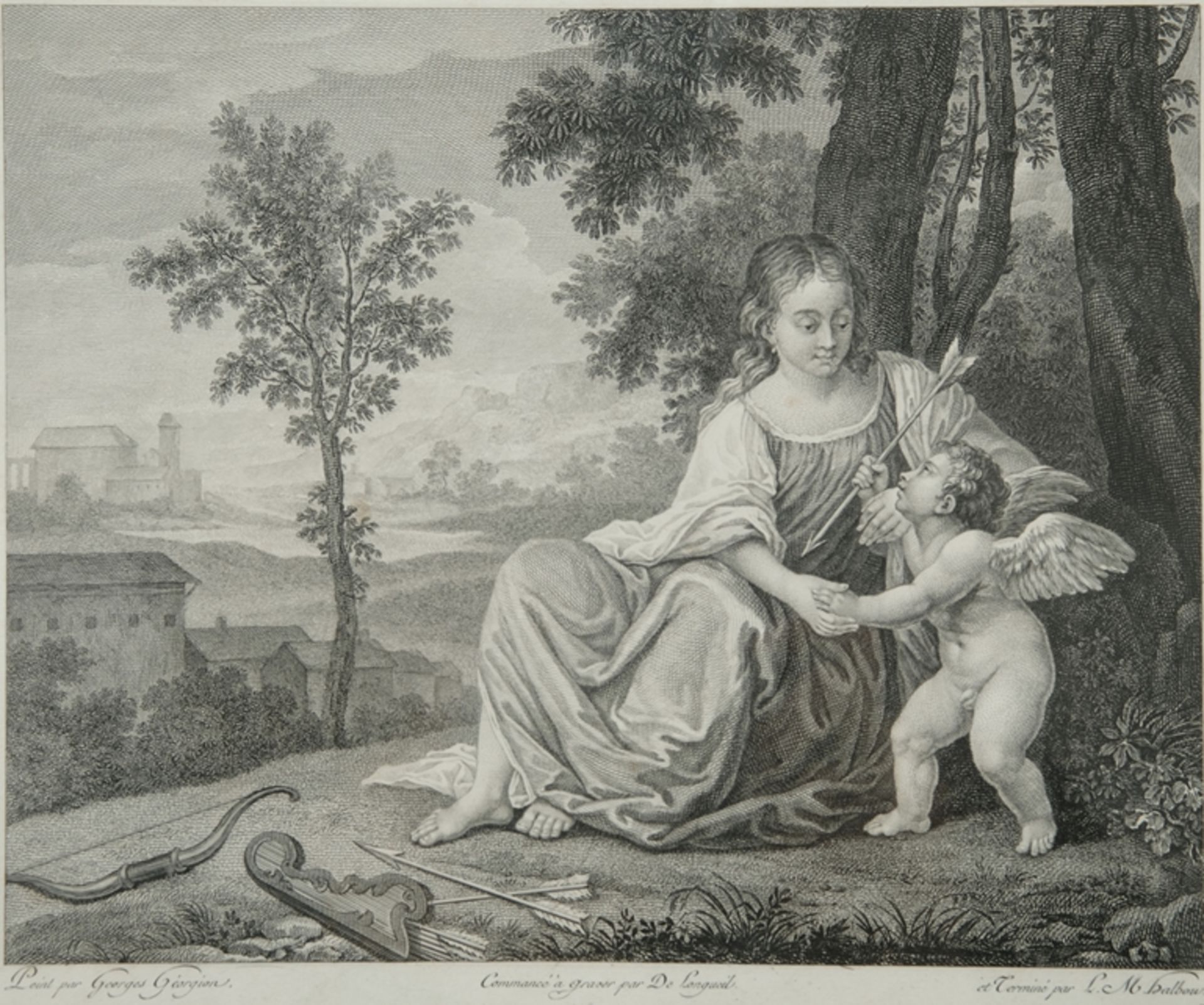 "L'Amour piqué", ca. 1786-1808, auf Papier. Bezeichnet "Peint par Georges Géorgion - Commencé à gra