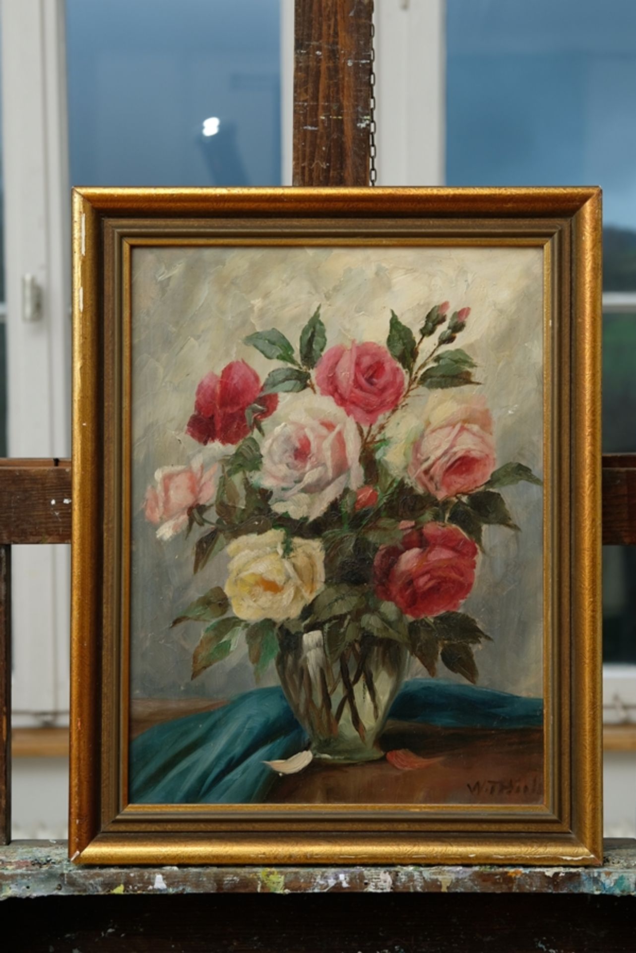 Thiele, Wilhelm (1872-1939) Rosenstrauß in Vase, Ölgemälde auf Platte. - Bild 2 aus 3