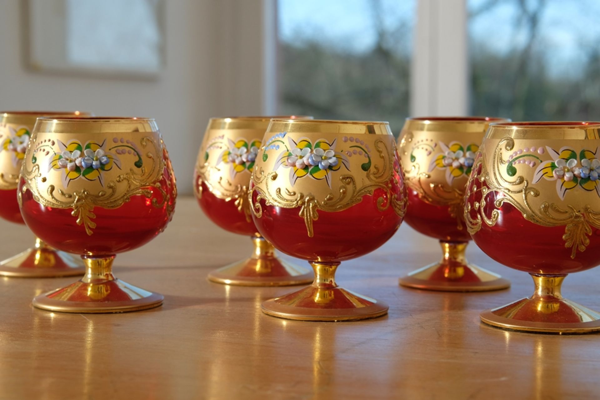 Murano Trefuochi sechs Cognacgläser, originale venezianische Gläser, rubinrotes Glas, Blattgold ema - Bild 2 aus 4