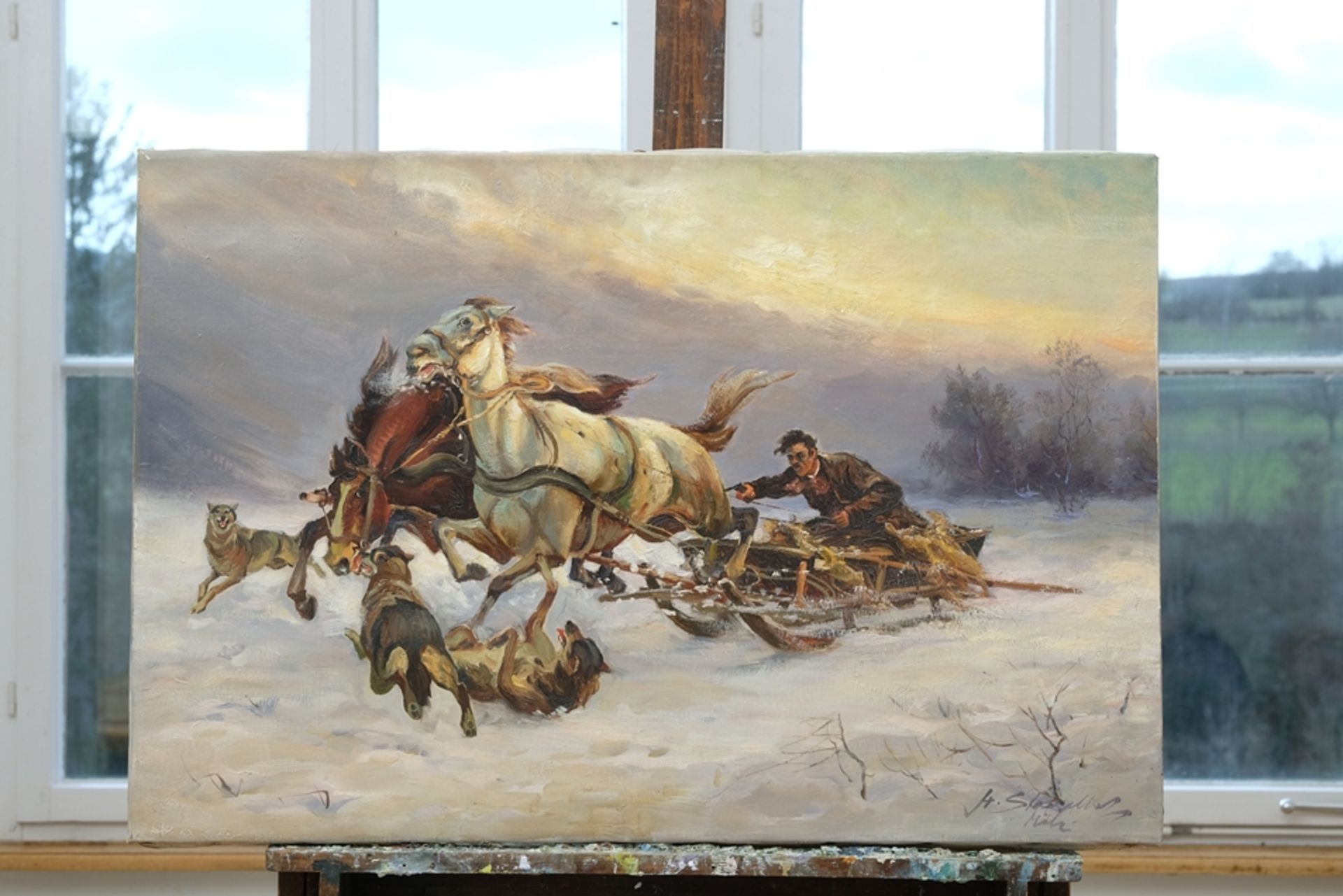 Stadelhofer, Helmut (1914-1979) Wolf Attack, oil on canvas. Horse-drawn sleigh in the snow.  - Image 2 of 4