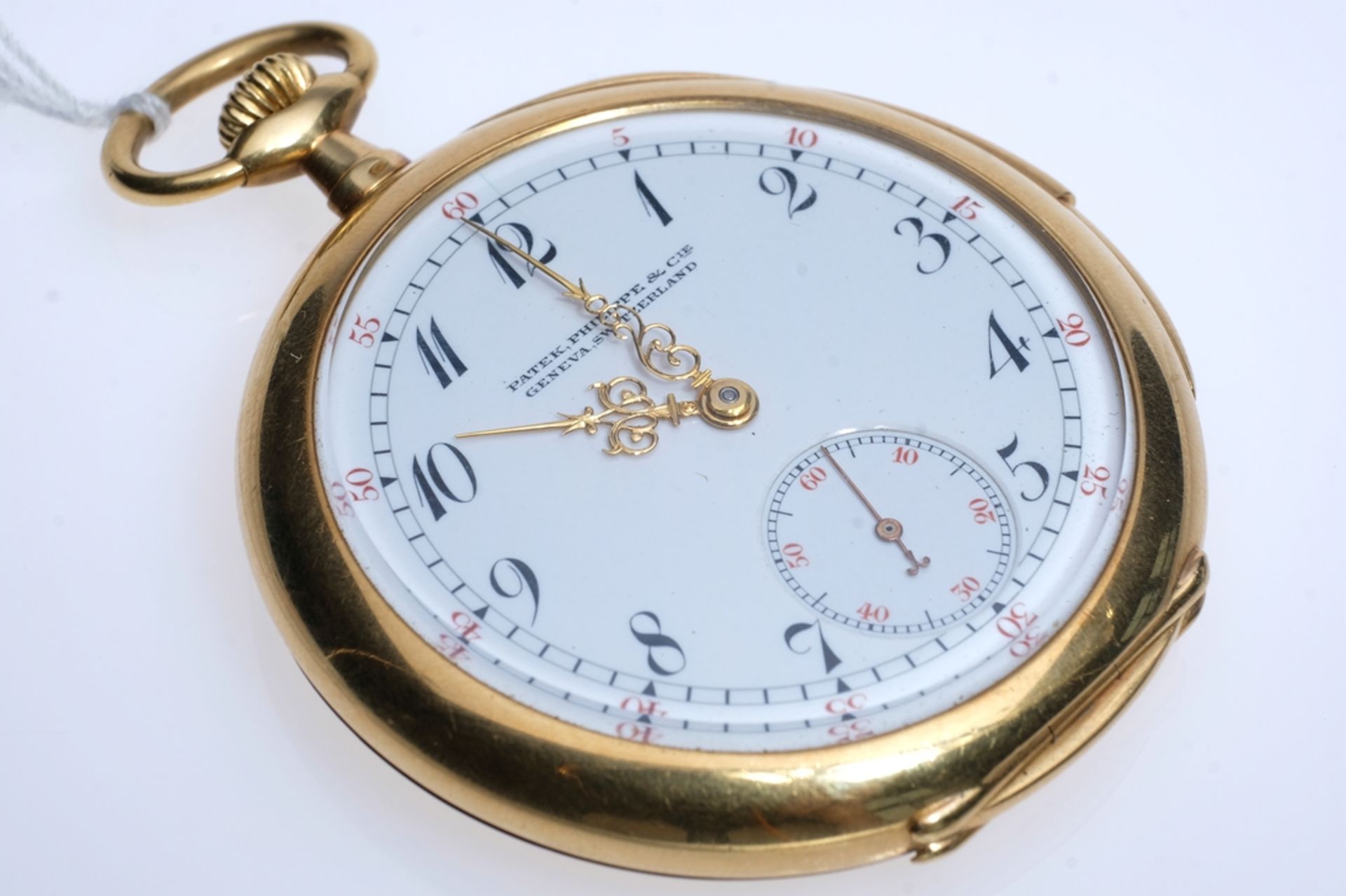 Patek Philippe Taschenuhr 18ct, Gehäuse 750 Gelbgold, Rückseite monogrammiert, Rückdeckel mit Marke