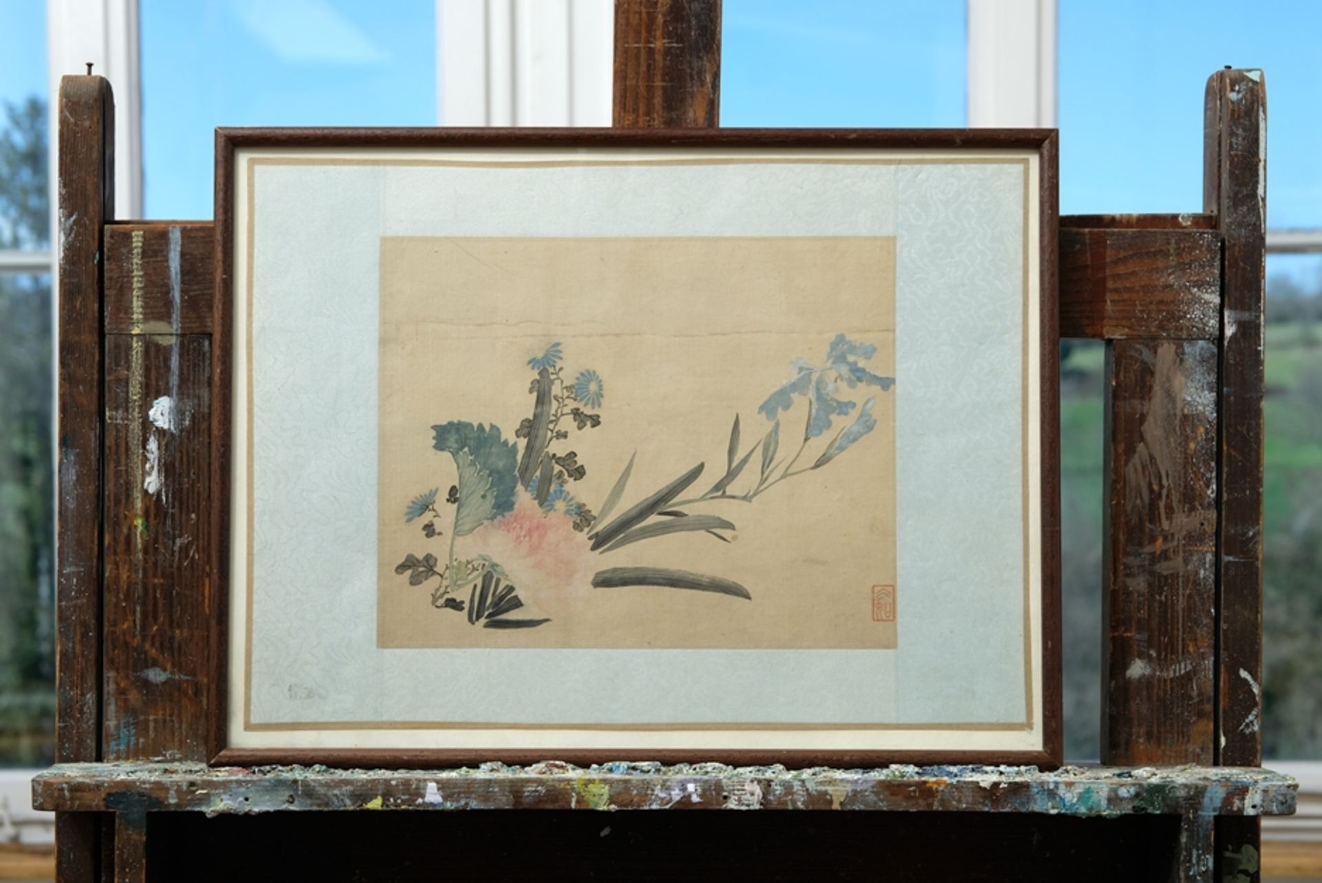 Silk painting, leaf and flower arrangement, probably 20th century, Japan. - Image 2 of 3