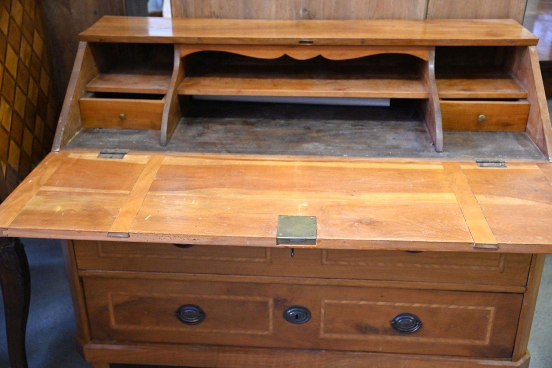 Writing chest with sloping flap, around 1800, cherry wood with thread inlays. Two drawers. Interior - Image 2 of 6