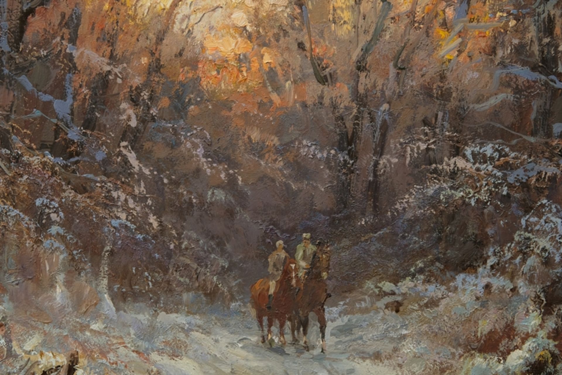 Stadelhofer, Helmut (1914-1979) Winter Ride through the Forest, oil on canvas. Sunrise or sunset.  - Image 4 of 5