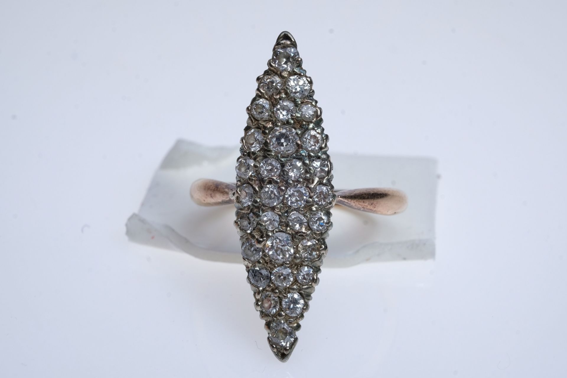 Antique boat-shaped ring set with 30 brilliant-cut diamonds, tested, each around 0.02ct, setting si - Image 2 of 3