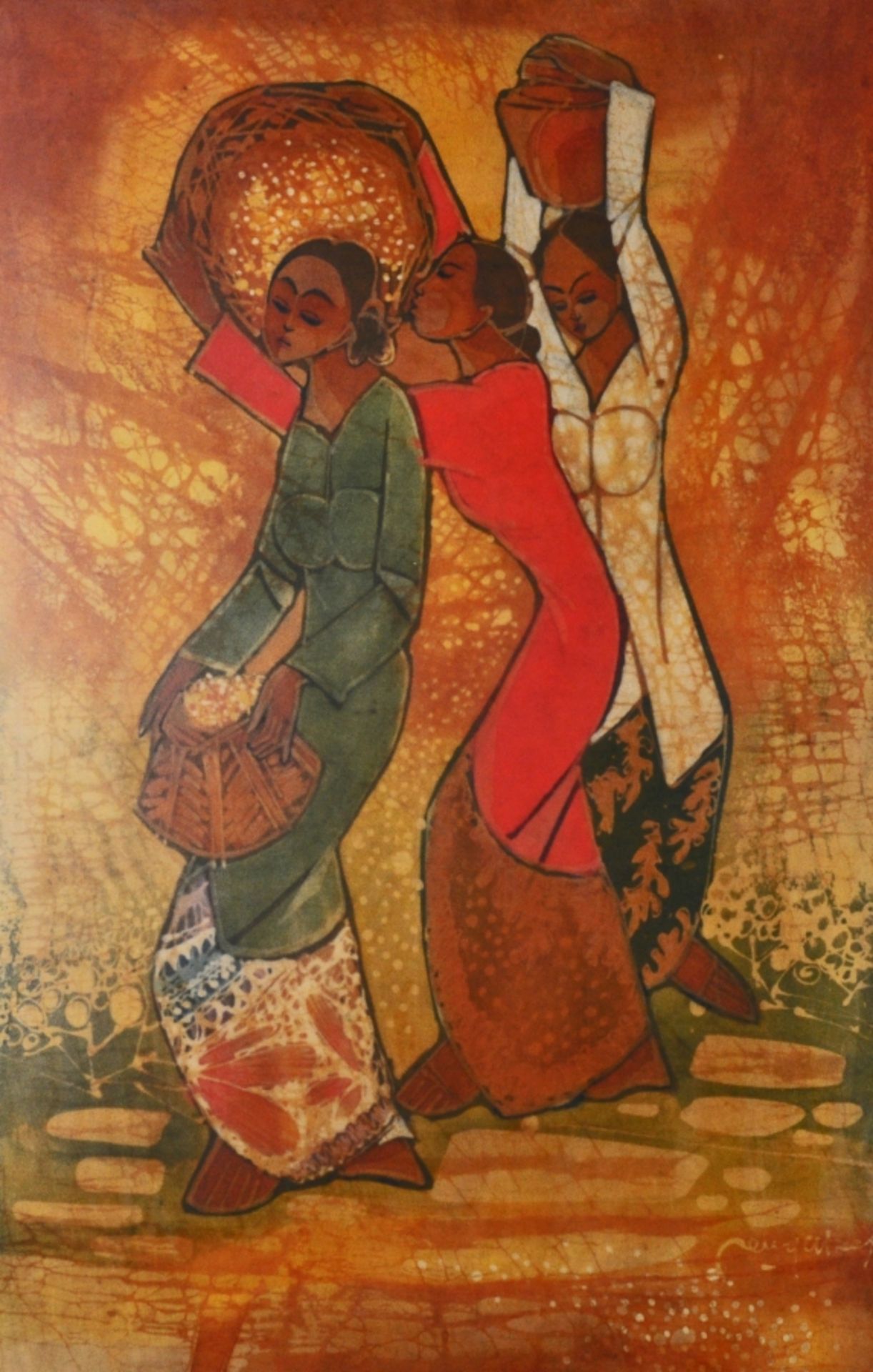 Batik artist, three women, 20th century, on cotton fabric.