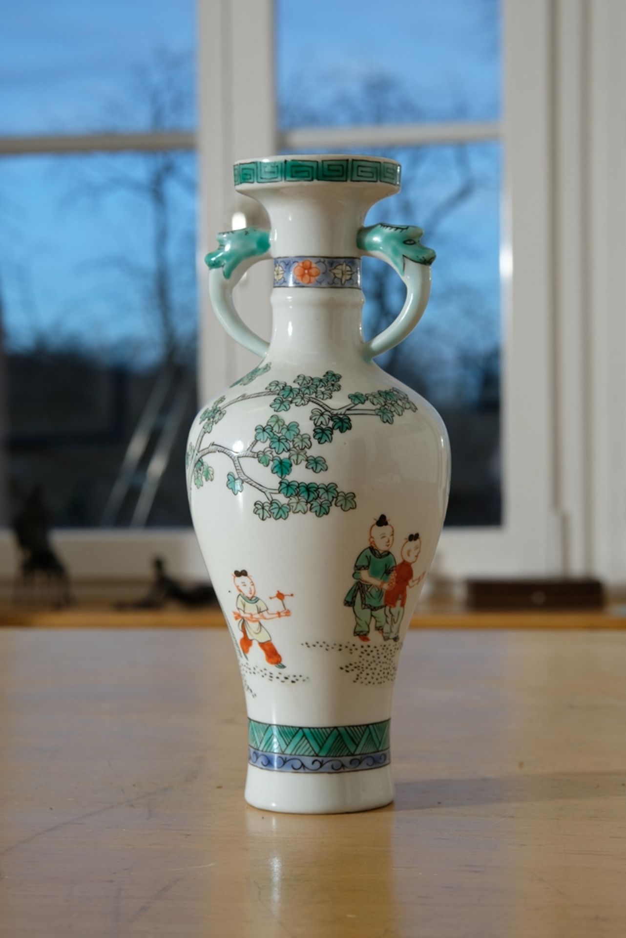 Belly vase, Chinese. Painted with a family scene. Acquired at the 1982 World Exhibition, receipt fo