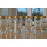 Murano Medici gold rim, six long drink glasses, crystal glass engraved with plant motifs.