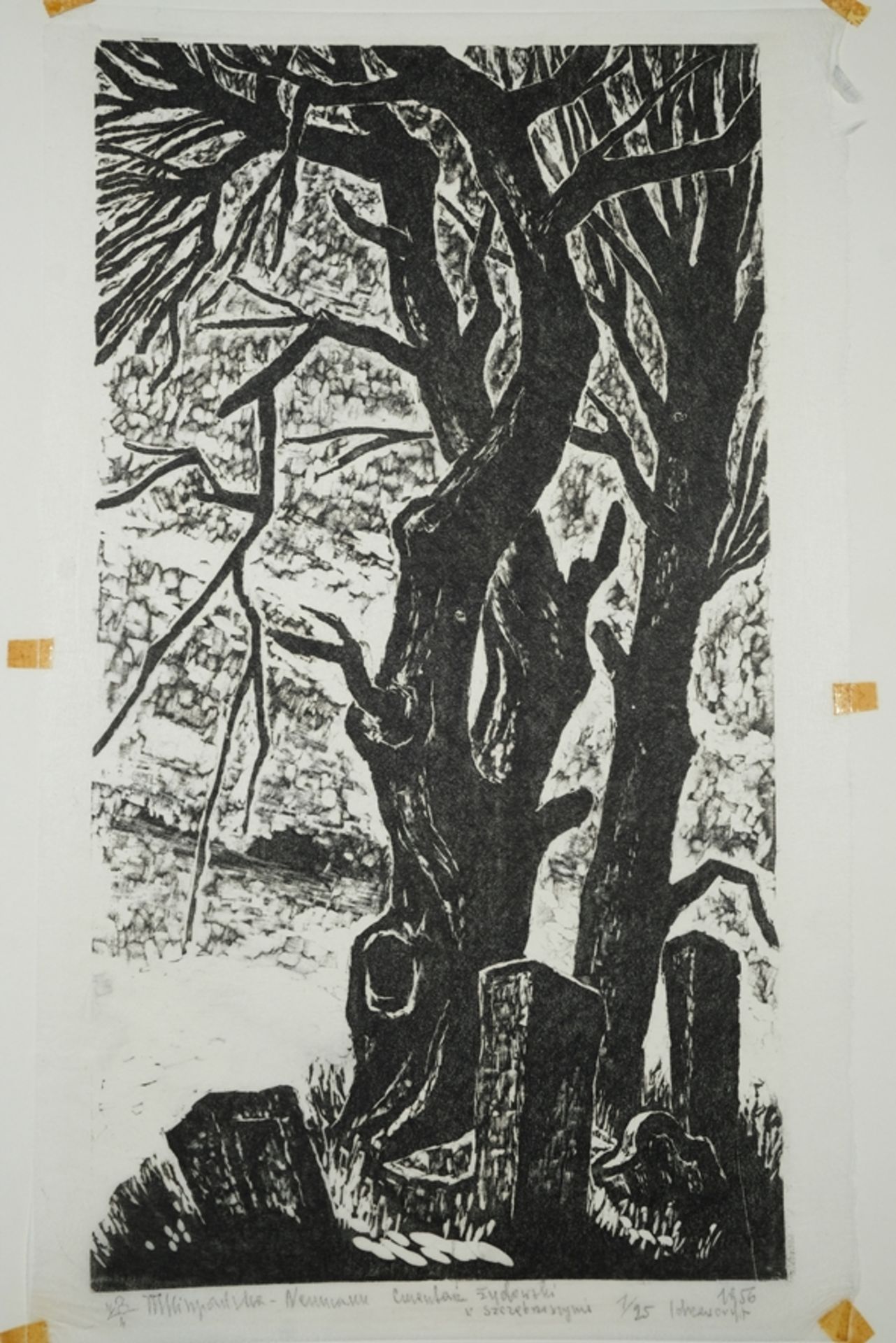 Hiszpanska-Neumann, Maria (1917-1980) "Campo Sancto Judaico en Szcebrezeszyn", 1956, woodcut. Depic