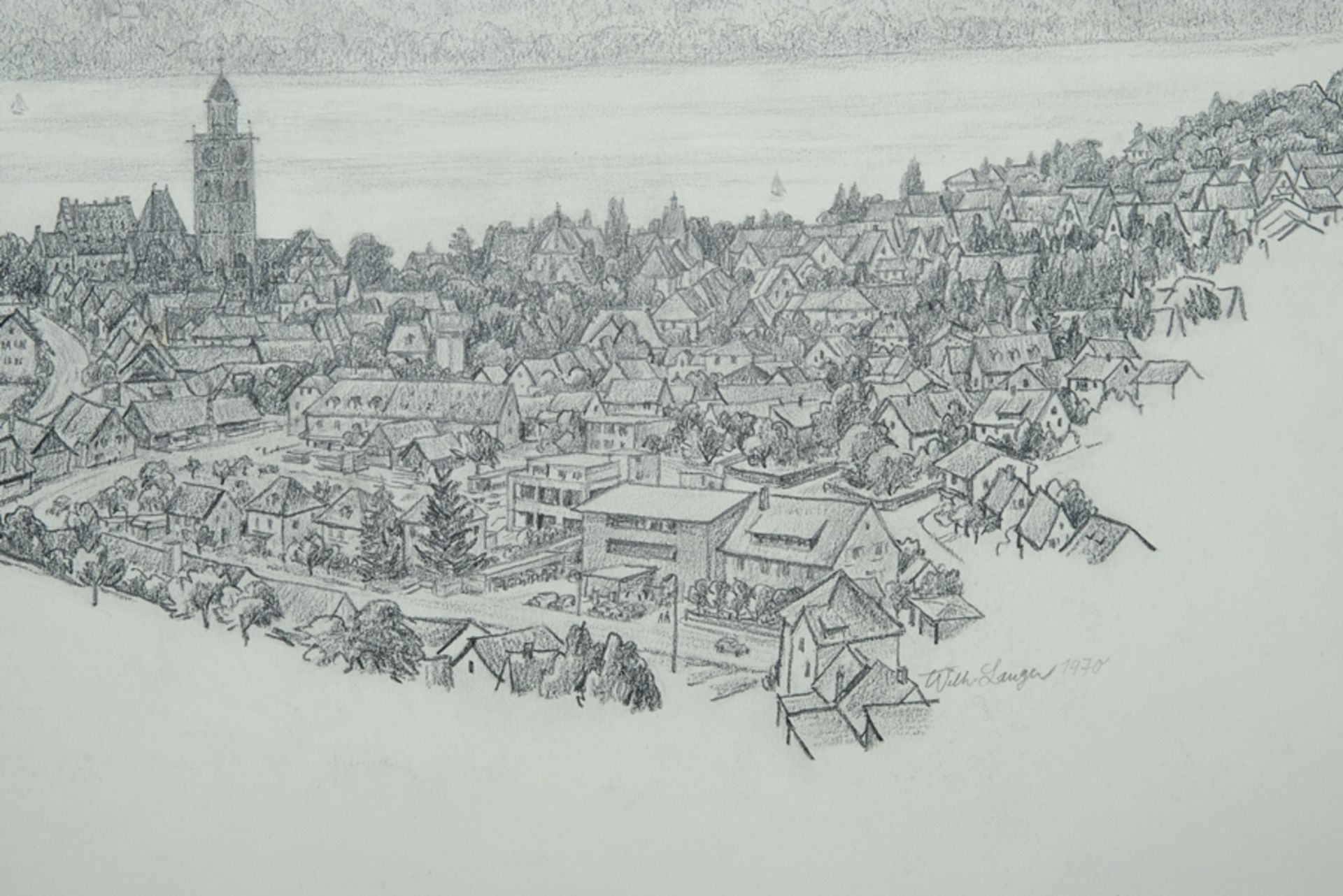 Langer, Wilhelm (20th century) Überlingen and Lake Überlingen, 1970, charcoal and pencil on paper. - Image 2 of 2