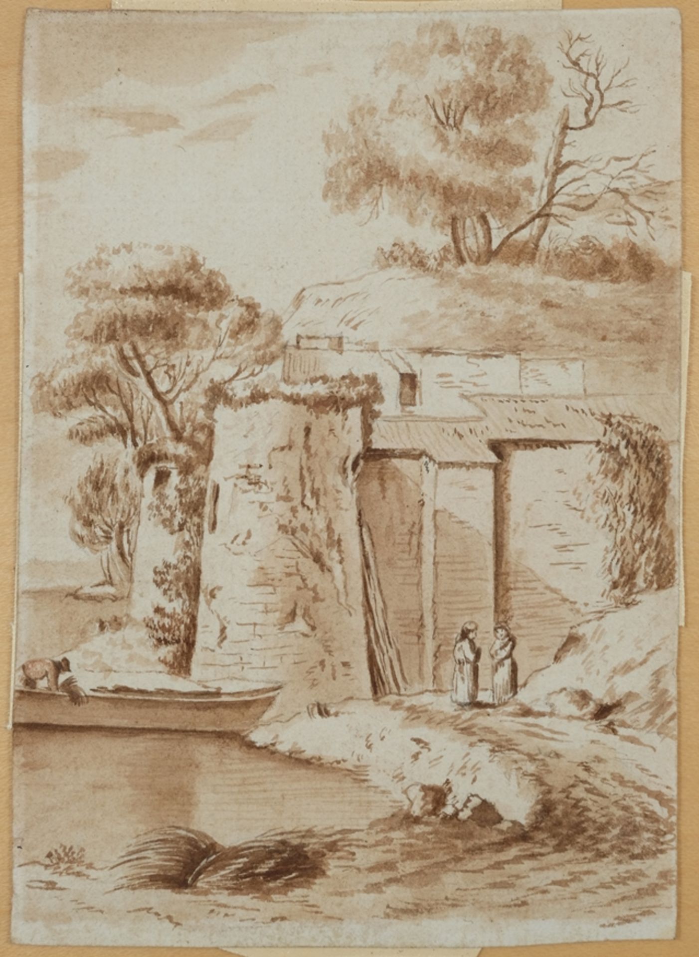 Le Lorrain, Claude (1600-1682), Burg am Wasser, Sepialasur. Rückseitig Portraitstudie als Rötelzeic