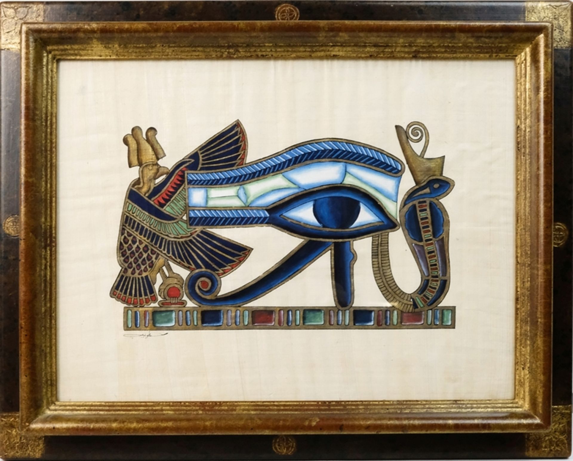 Unbekannt (20. Jahrhundert) Auge des Horus, Deckfarben und Goldfarbe auf Papyrus. - Bild 2 aus 3
