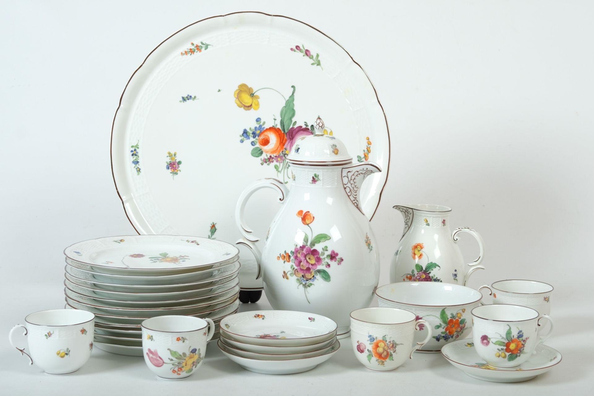 Nymphenburg coffee service "Rosenbouquet - brauner Rand", hand-painted, for 5 persons, ozier relief