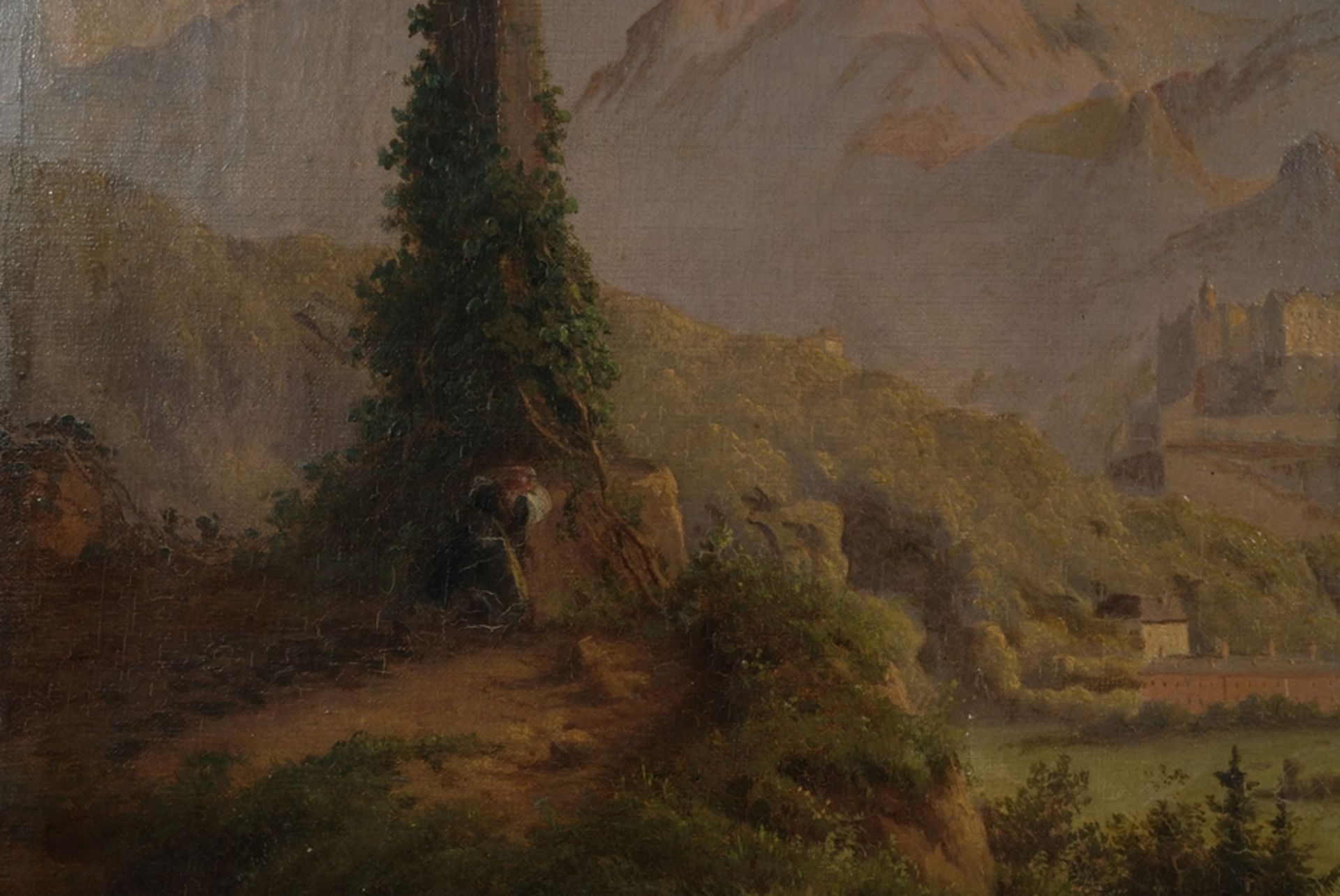 Caspar, C. (19. Jahrhundert) Alpen mit Festung und Wegkreuz, um 1860, Öl auf Leinwand. - Bild 4 aus 5