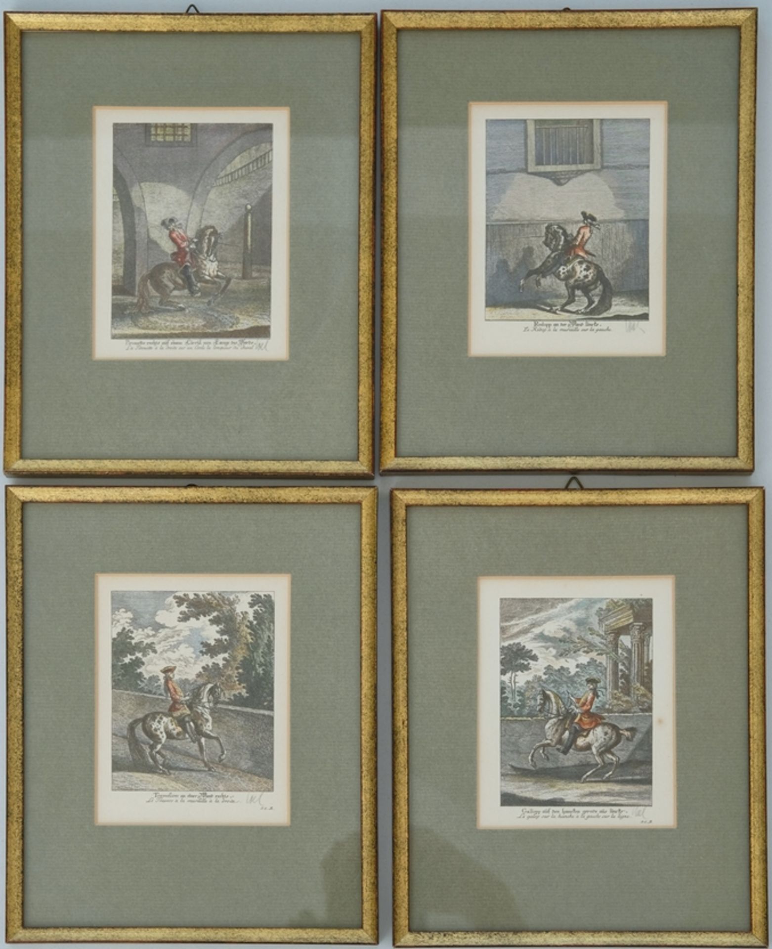 Four coloured copper engraving reproductions from 'Kleine Reitschule', published 1760. First print 