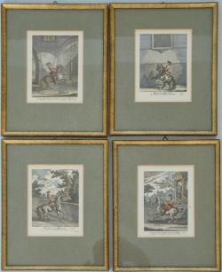 Vier kolorierte Kupferstich-Reproduktionen aus 'Kleine Reitschule', herausgegeben 1760. Erster Druc