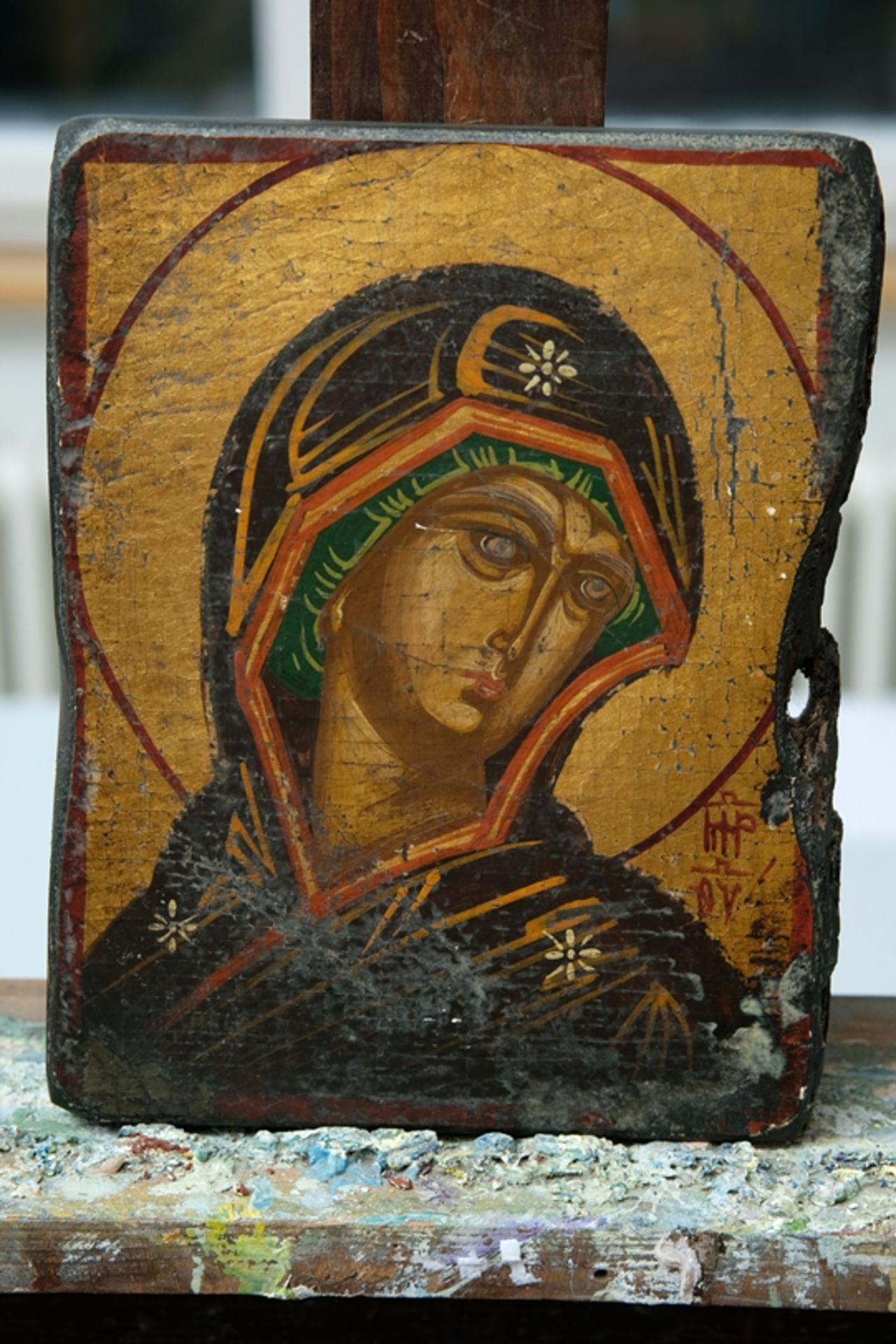Icon of the Madonna, Russian, probably 19th century, acquired on a study trip to Russia, surface sh