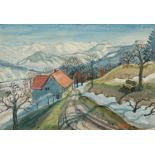 Einhart, Karl (1884-1976) Höfe mit Blick auf die Alpen, idyllische Stimmung, Aquarell, unten rechts