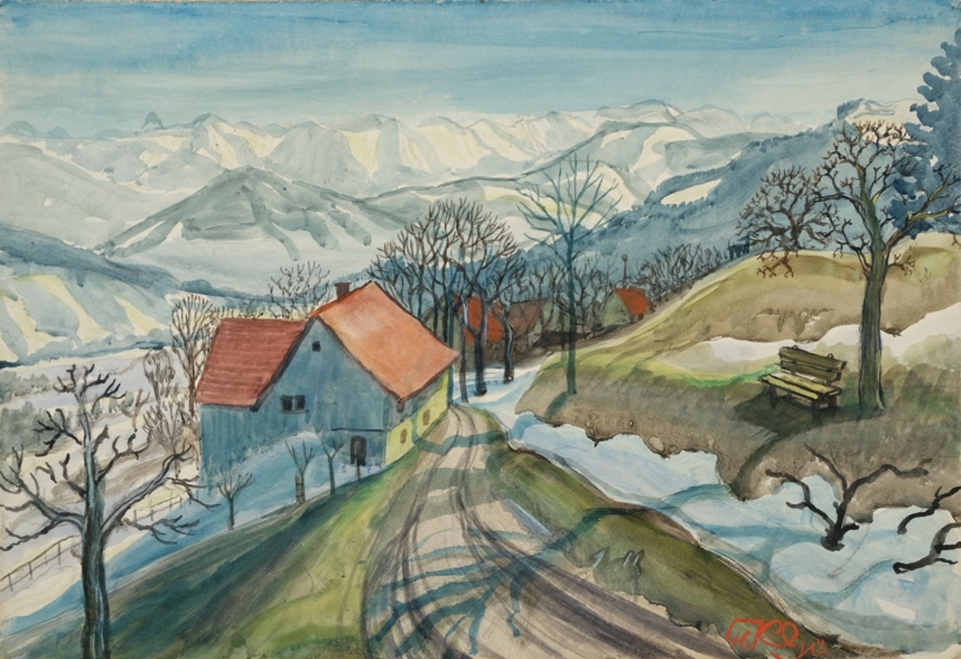 Einhart, Karl (1884-1976) Höfe mit Blick auf die Alpen, idyllische Stimmung, Aquarell, unten rechts