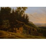 Unknown (18th century) Farmhouse in Bern with a view of the valley, oil on canvas. 