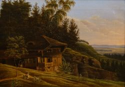 Unbekannt (18. Jahrhundert) Berner Bauernhaus mit Blick ins Tal, Öl auf Leinwand. 