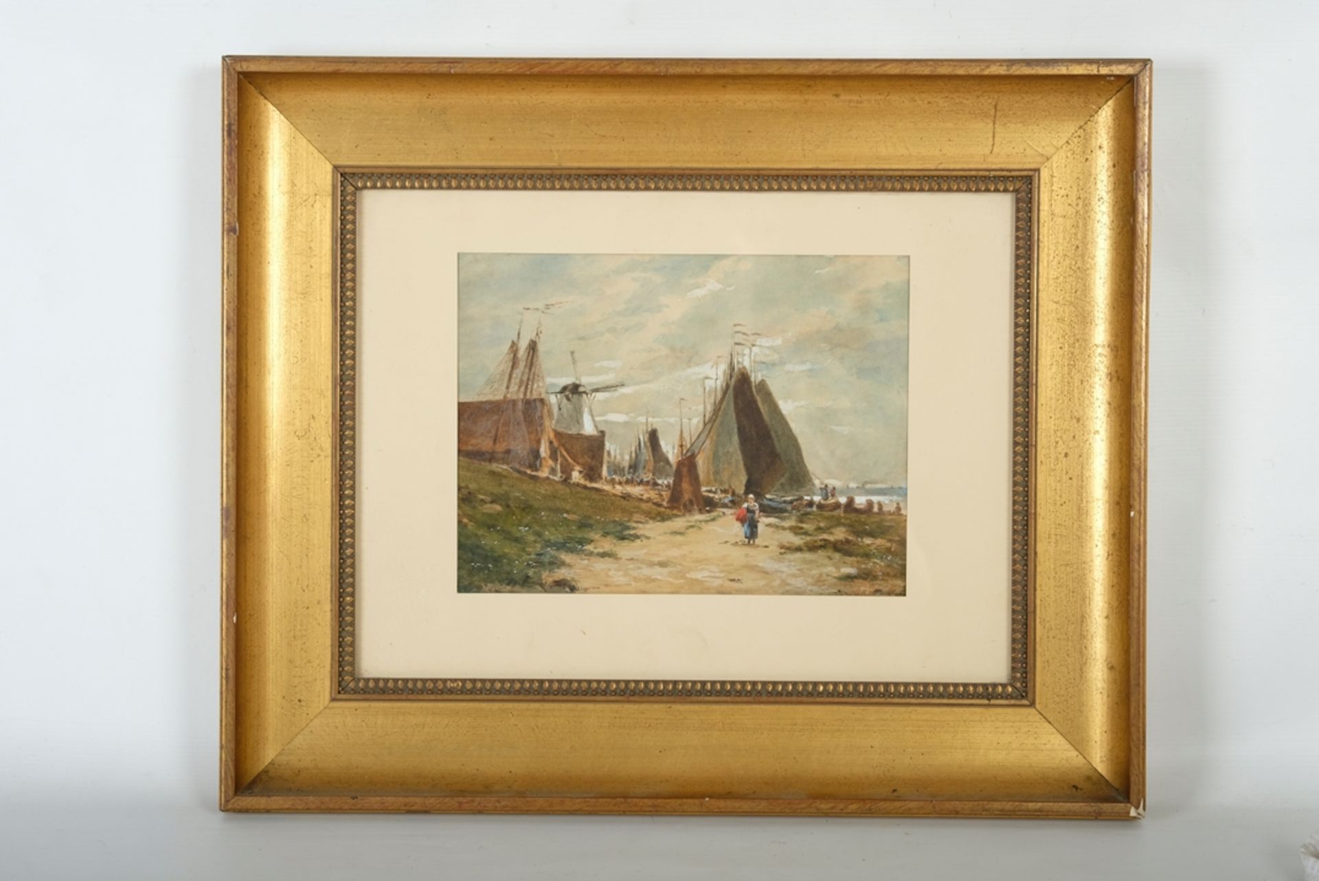 Kremer, C.J. (frühes 20. Jahrhundert) Windmühle und Segelschiffe, Gouache auf Pappe, 1909.  - Bild 2 aus 3