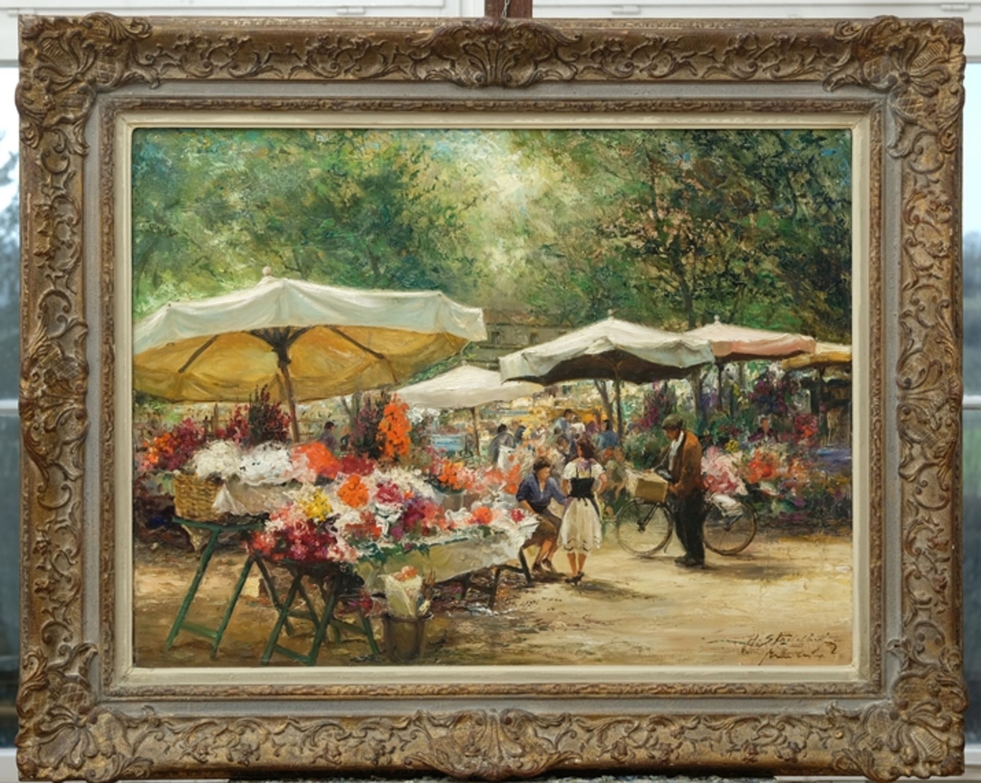 Stadelhofer, Helmut (1914-1979) Flower sale at the weekly market, oil on canvas.  - Image 2 of 5