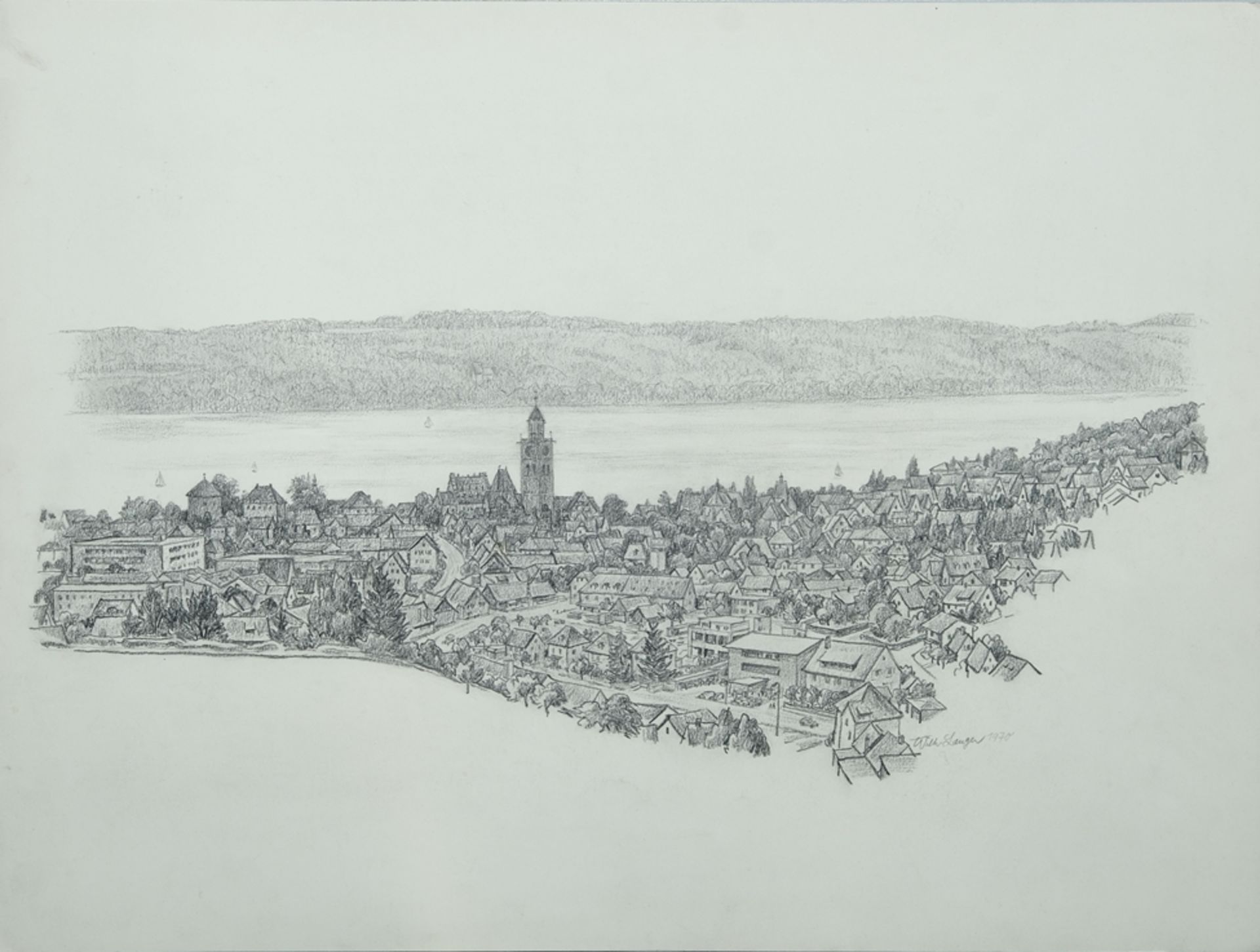 Langer, Wilhelm (20th century) Überlingen and Lake Überlingen, 1970, charcoal and pencil on paper.