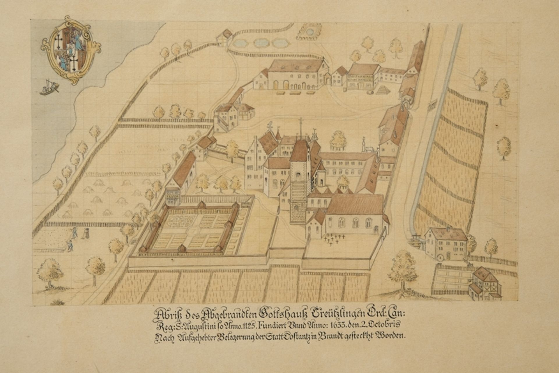 Preliminary drawing "Abriß des Abgebranndten Gottshaus Kreuzlingen", pencil, India ink and watercol