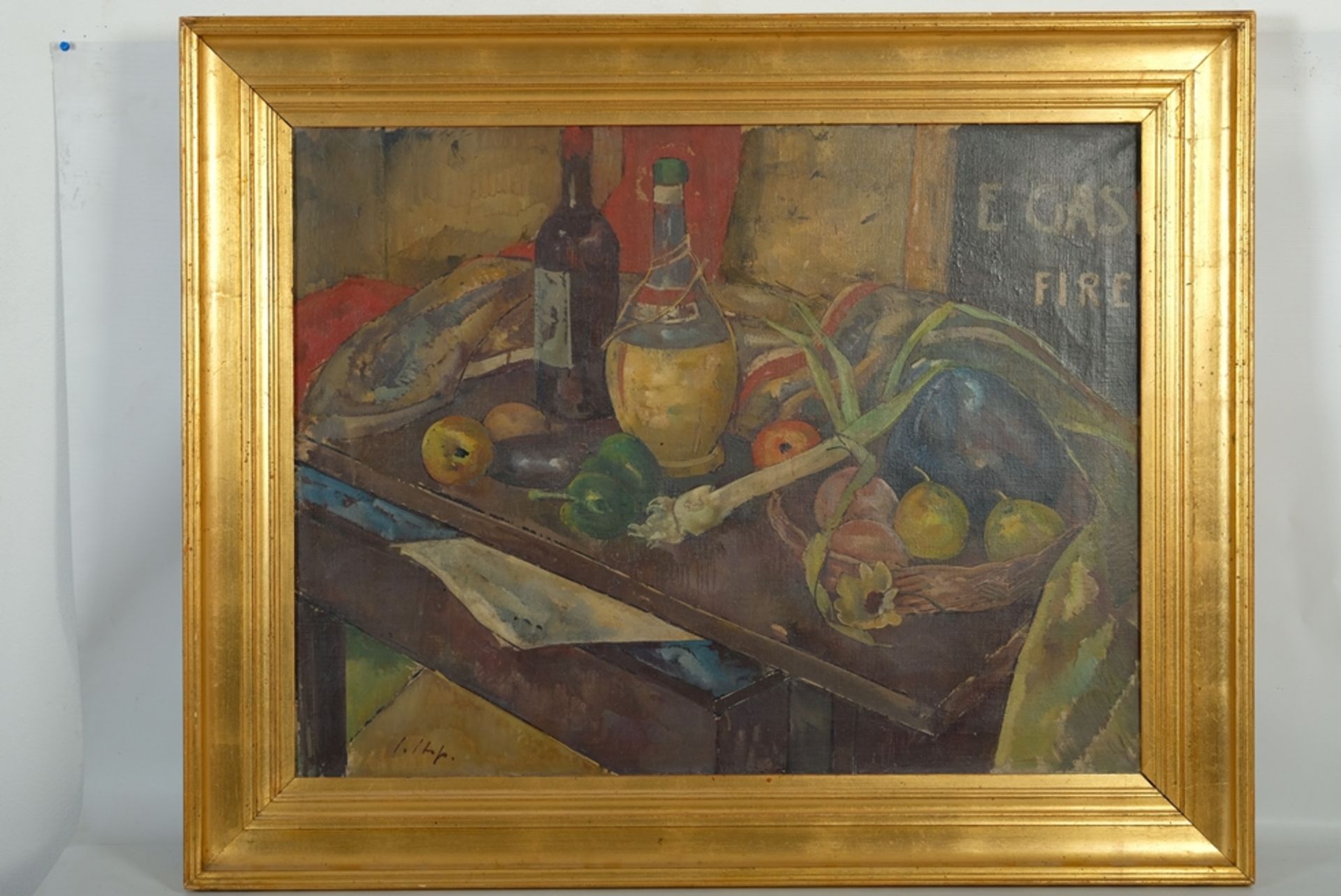 Hess, Julius (1878-1957) "Stillleben" mit Obst, Gemüse und Wein, leicht abstrahierte Darstellung.