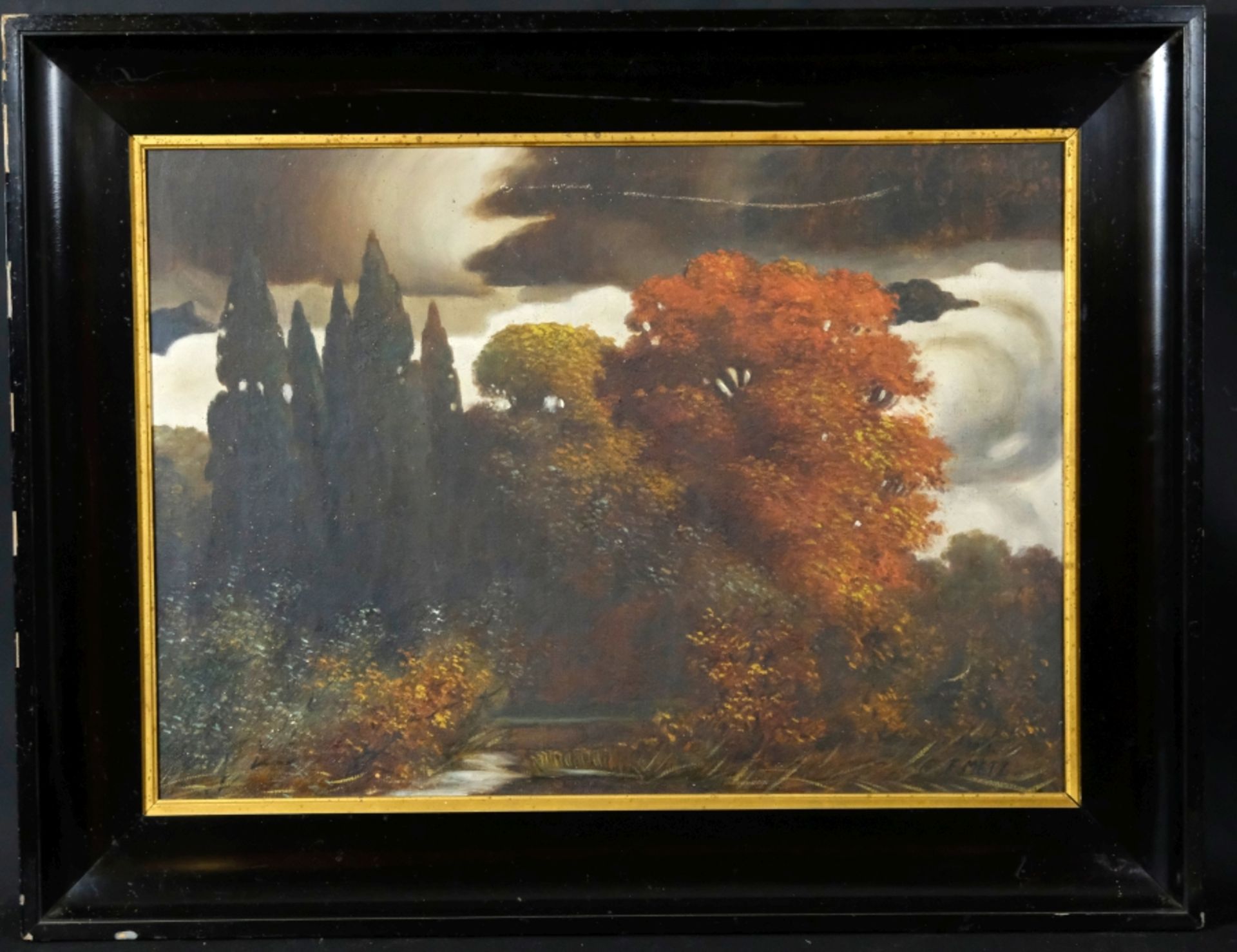 Unbekannt (19. Jahrhundert) Zypressen und herbstlich gefärbte Bäume, Öl auf Leinwand. - Bild 2 aus 5