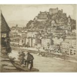 Salzburg, no year, etching. Depiction of the city of Salzburg with castle in the background. Titled