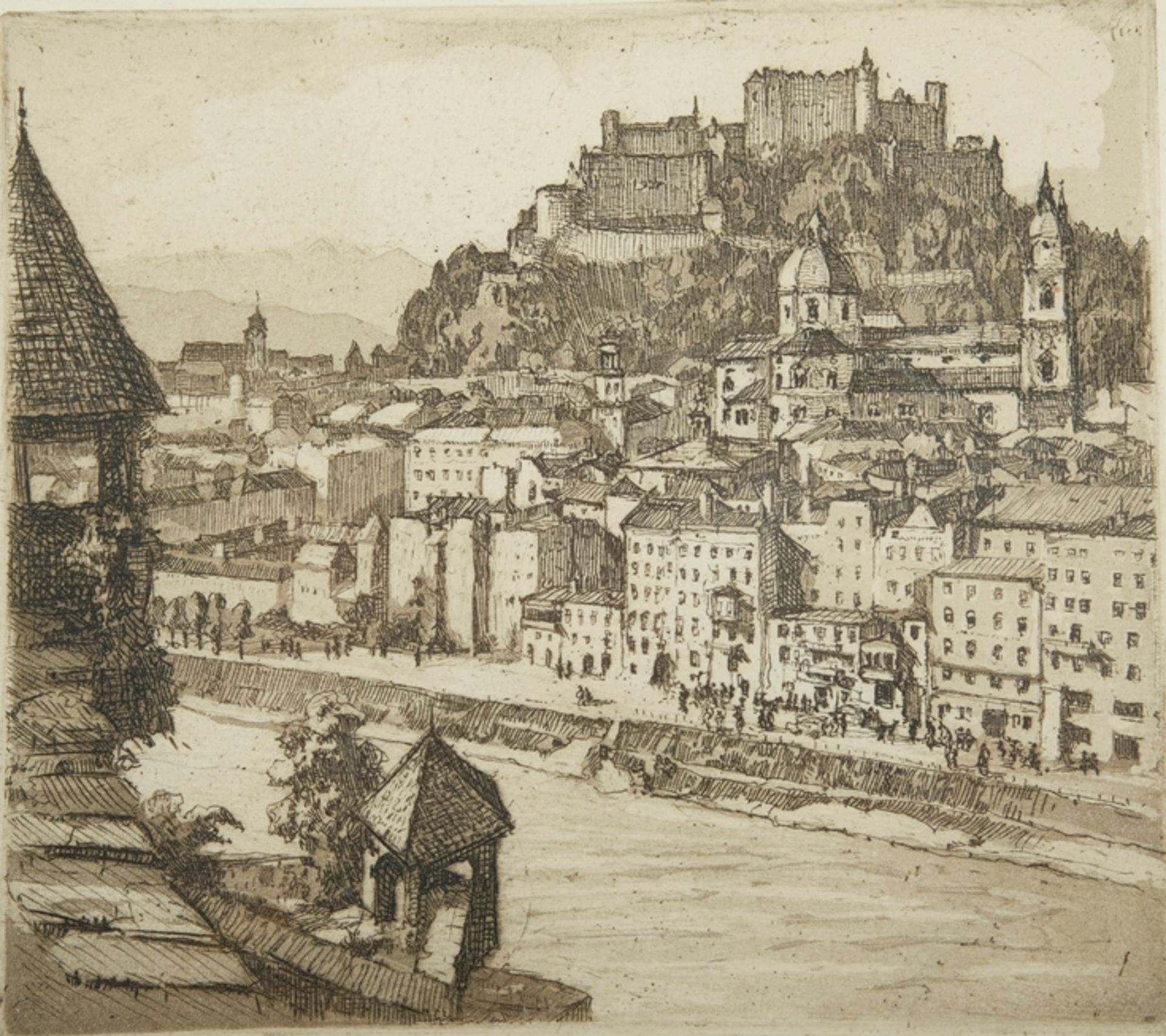 Salzburg, no year, etching. Depiction of the city of Salzburg with castle in the background. Titled