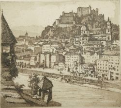 Salzburg, ohne Jahr, Radierung. Abbildung der Stadt Salzburg mit Burg im Hintergrund. Unten links b