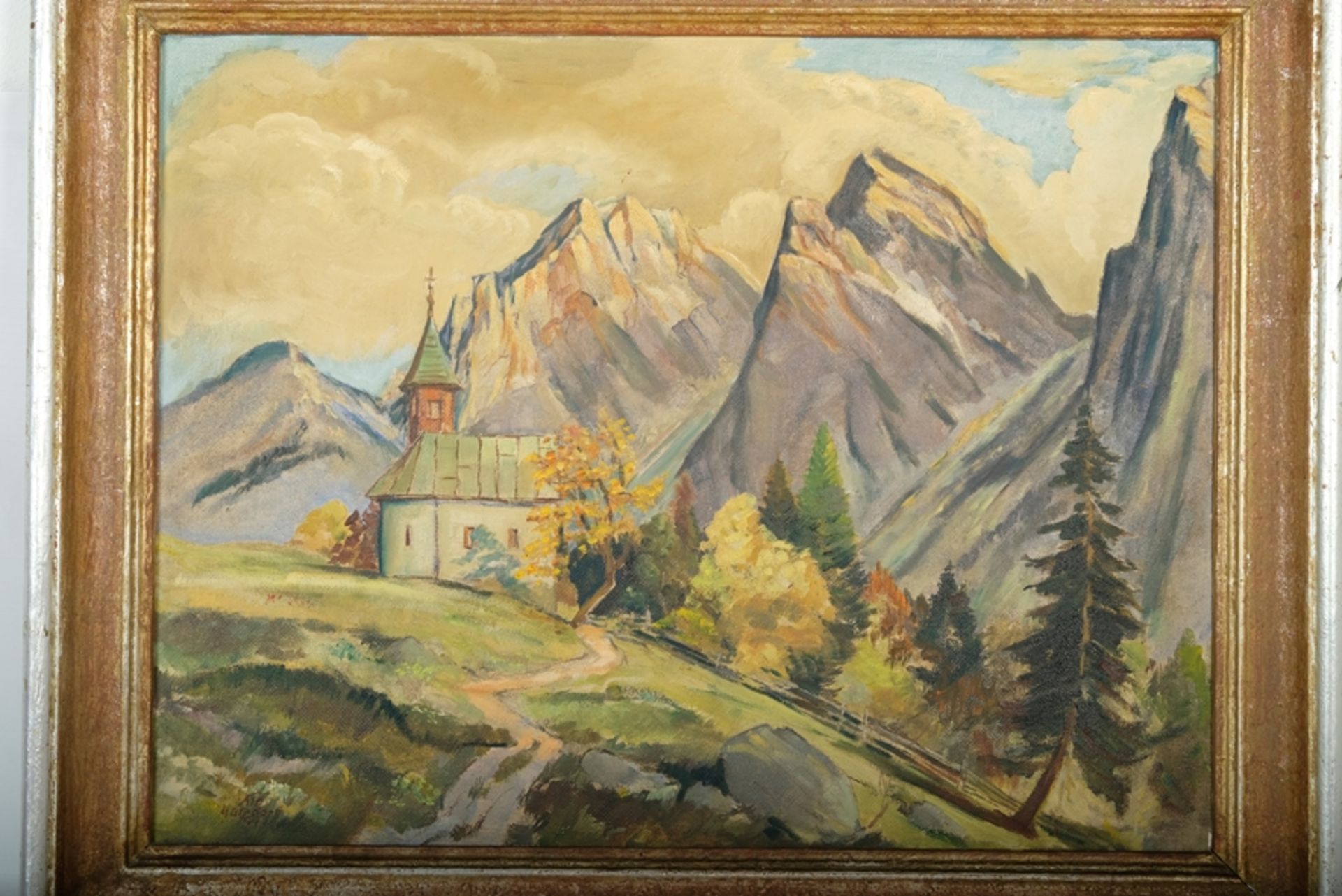 Matzdorf, Albert (1912-1992) Wanderung zu einer Kapelle in den Bergen, Ölgemälde/Pastell auf Leinwa